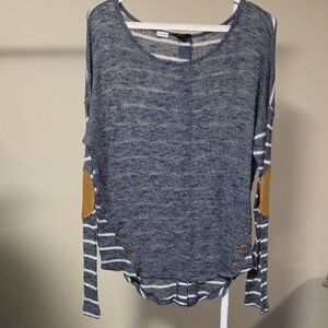 E M Blue Striped Sweater with Elbow Patches Size L